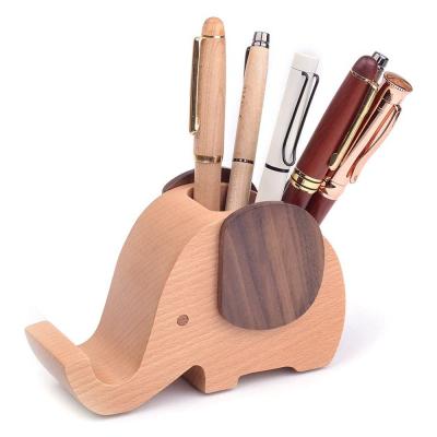 China Custom Elephant Shape Wooden Pen Cup Pencil Holder for Office Decor Desk Organizer with Cell Phone Holder for sale