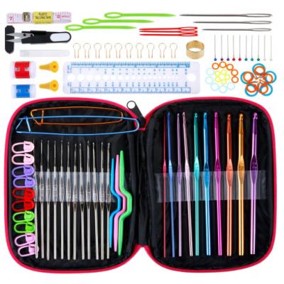 China Easy Aluminum Crochet Hook Set 100pcs DIY Kit With Yarn Knitting Needles Handle Crochet Hook Sewing Kit Tools Crochet Hook Set for sale