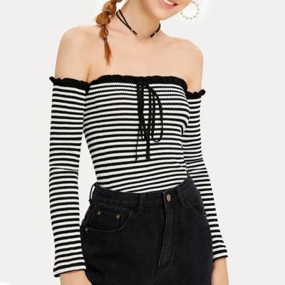 China Hot sale 2022 summer anti-pilling striped tie off the shoulder women's top t-shirts for sale