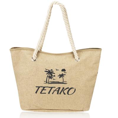 China Cooler Logo Tote Bag Thermal Insulated Linen Burlap Custom Waterproof Jute Picnic Beach Bag for sale