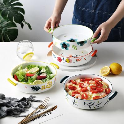 China Hand Painted Single Viable Microwave Oven Porcelain Safe Baking Tray Under Gloss Color Scald Proof Soup Noodle Bowl With Double Ear for sale