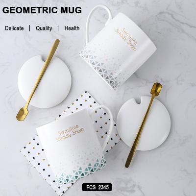 China Viable Ceramic Custom Geometric Personality Logo Mug Creative Office Cup With Lid Home Water Cup INS Style for sale