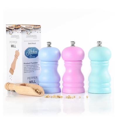 China Sustainable 4inch Salt Pepper Mill PU Painting Wooden Pepper Mill Grinder for sale