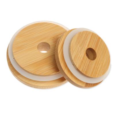 China Factory Wholesale Eco Friendly 70mm Steamable Bamboo Lids With Straw Hole For Mason Jar Drink Cup for sale