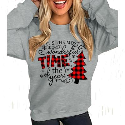 China Autumn Women's Anti-pilling Clothing Round Neck Sweatshirt Women Christmas Series Long Sleeve Plaid Tree Letter Printed Sweater Top for sale