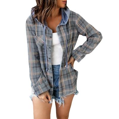 China Women's Long Coat Autumn Streetwear Hooded Lace Up Casual Plaid Loose Sleeve Viable Button Up Striped Shirt Female Tops for sale