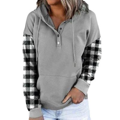 China Quilted Women's Button Hooded Sweater Anti-pilling Sweatshirt Plaid Long Sleeve Full Autumn Casual Loose Blouse for sale