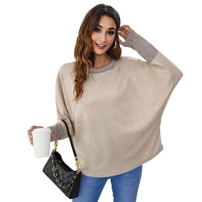 China Anti-pilling Contrast Color Stitching Tops Casual Loose Bat Sleeve Around Neck Blouse Women Long Sleeve T-Shirt for sale