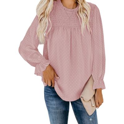 China Women's Breathable Crochet Lace Up Ruffle Chiffon Around Neck Long Sleeve Blouse With Swiss Polka Dot Casual Lantern Sleeve Bow Tops for sale