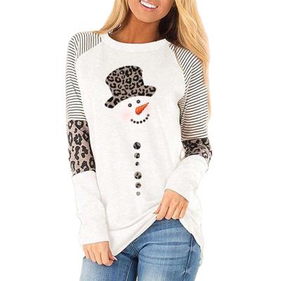 China New Breathable Autumn And Winter Snowman Print Around Women'S Casual Striped Leopard Long Sleeve T-shirt Stitching Tops Sweater for sale