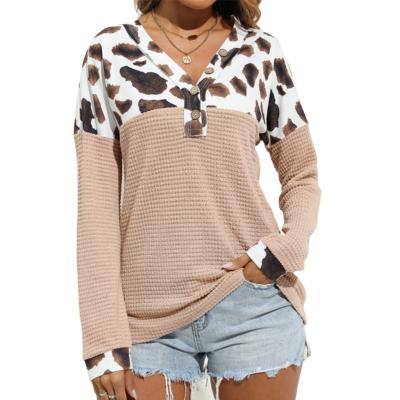 China Breathable leopard print stitching tops color block V-neck button decoration blouse waffle ladies casual clothing for sale