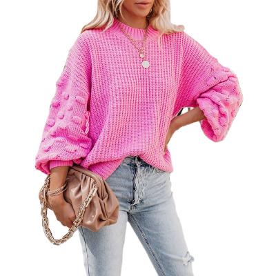 China Anti-pilling Women Lantern Sleeve Round Knitted Sweater Crochet Flower Hollow Pullover Sweaters Long Per Neck for sale