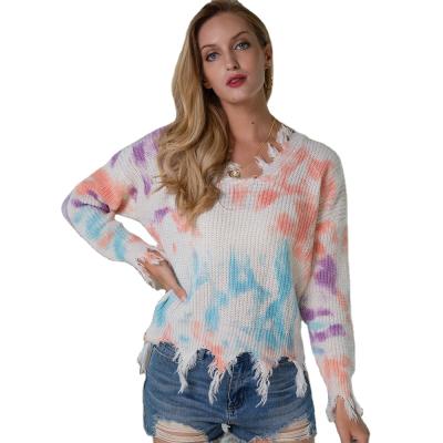 China Anti-pilling V-Neck Tie Dyeing Sweaters Women Knitted Pullovers Full New Tassels Jumper Vintage Top Holes Autumn Winter Loose Long Sleeve for sale