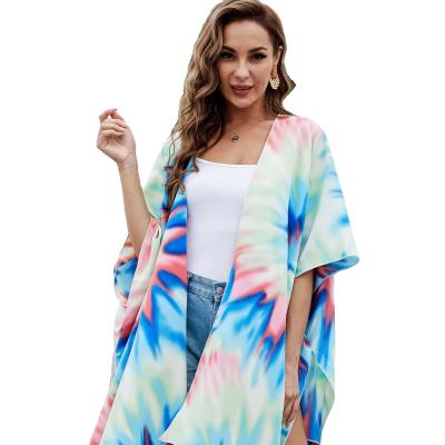 China Breathable Tie Dye Gradient Print Fringe Sunscreen Kimono Beach Cardigan Mid Length Casual Loose Blouse Kimono for sale