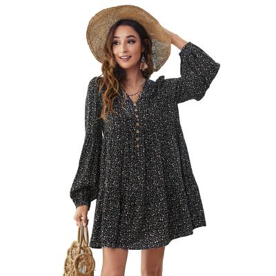 China Vintage Breathable Print Women's Mini Dresses Long Single Breasted Long Sleeve V-Neck Dresses Female Casual Chic A Line Dresses for sale