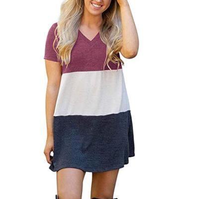 China Breathable Women Dress Tops Women Summer T Shirt Dress Casual Loose V-neck Color Blocking Short Sleeve Dresses for sale