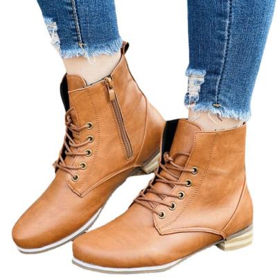 China Fashion Trend New Winter Round Main Side Zipper PU Trim Leather Shoes Women's Ankle Motorcycle Boots Low Heel Lace-up Women's Square Casual Boots for sale