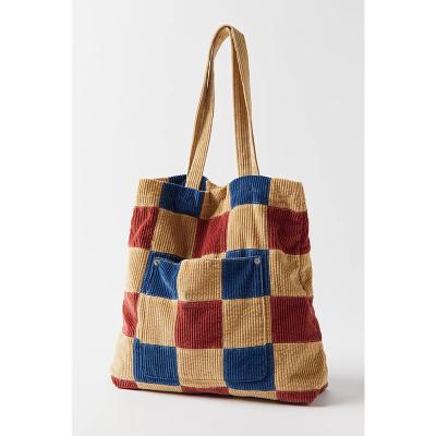 China Vintage Large Capacity Corduroy Front Pocket Tote With Shoulder Bag Colorful Plaid Striped Tote Bags for sale