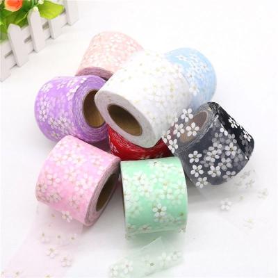 China Small 2.4inch6cmHigh Quality Durable Foil Ribbon Flowers Design Sequin Tulle Fabric Rolls For Kids Dress for sale