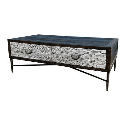 China Industrial Antique Style Reclaimed Fir Wood and Metal Stand Industrial Rectangle Wood Coffee Table with Drawers for sale