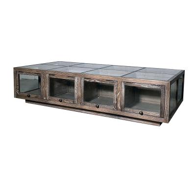 China High Quality Farmhouse Oak Wood Glass Top Solid Coffee Table With Drawers Storage for sale