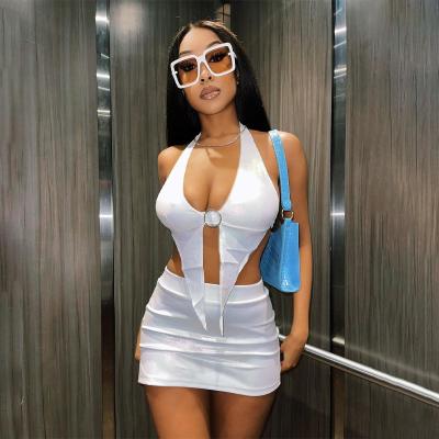 China 2022 Summer Women's Washable White Halterneck Bralette Camisole Dresses Beachwear Top Short Skirts Suit Set For Women for sale