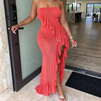 China Breathable Fashionable Women Summer Sexy Sheer High Split Backless Off Shoulder Mesh See Through Dress for sale