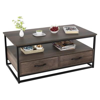 China Multifuctional Csutomization Living Room Furniture 2 Tier Metal Frame Wooden Coffee Table With Drawers Storage for sale