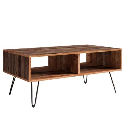 China Modern Rectangular Center Metal Frame Table Double Layer Living Room Multifuctional Furniture Wooden Coffee Table With Storage for sale