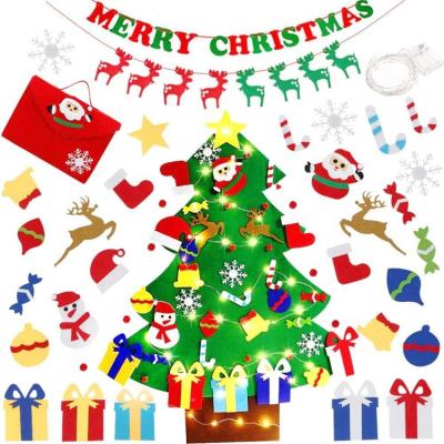 China Custom Christamas Decoration Kids Christmas Tree Diy Felt Hanging Decorations with String Lights and Santa Claus for sale