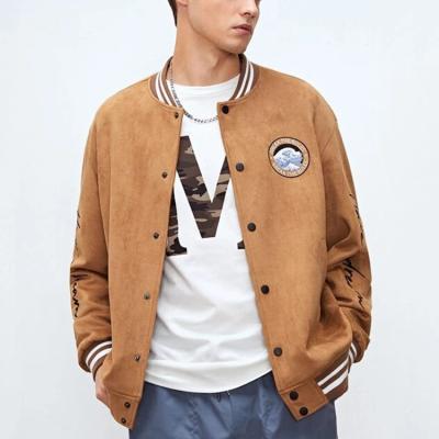 China Custom Varsity White Embroidery Drop Shoulder Brown Striped Windproof Trim Mens Casual Baseball Bomber Jacket for sale