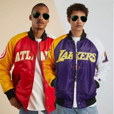 China Custom Wholesale Baseball Contrast Colorblock Satin Varsity Letterman Bomber Jacket Men Fly Windproof for sale