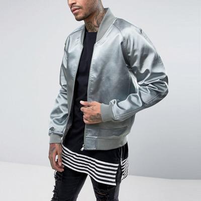 China New Fashion Spring Men's Baseball Collar Satin Tie Down Bomber Jacket Custom Zipper Windproof Solid Color for sale