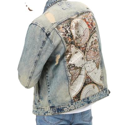 China New fashion design men's lattice jacket altas graphic printed windproof distressed denim jackets for men for sale