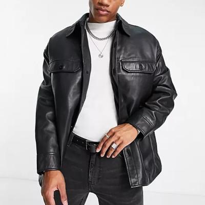 China Black Custom Faux Drop Down Motorcycle Leather Jacket Oversized Windproof Shoulders For Men for sale