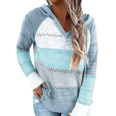 China Anti-wrinkle Women's V-Neck Striped Color Block Hoodies Long Sleeve Knitted Pullover Sweatshirts Tops for sale