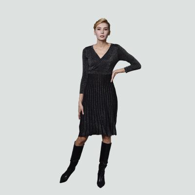 China Anti-Wrinkle New Arrivals Ladies Knitted Sweater Women's V-Neck Long Sleeve Swing Midi Casual Dress With Belt for sale