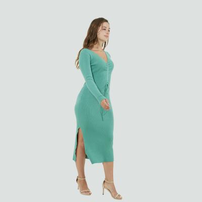 China Anti-Wrinkle Women's Casual Shoulder Long Slim Sheath Knit Bodycon Split Sweater Dress Midi Pencil Dress for sale