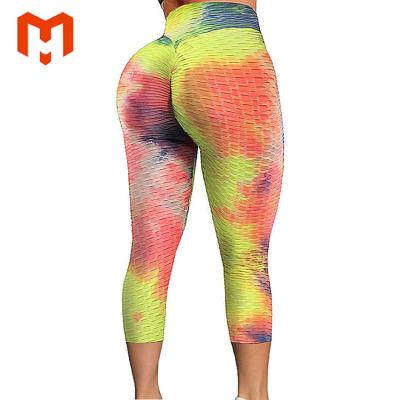 China Wholesale Custom Fitness Breathable Tie Dye Yoga Gaiters Capri Pants 3/4 Textured Gym Tights High Waist Capri Leggings For Women for sale