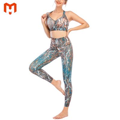 China Breathable Custom Sublimation Shiny Bra Set Gym Clothes Yoga Set Stretch Women Yoga Set Digital Printed Two Piece Pant Suit for sale