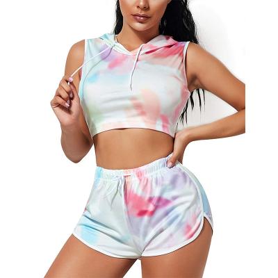 China OEM QUICK DRY Ropa Deportiva Teams Casual Crop Top Bodycon Shirt Shorts Jogger Tie Dye Two Piece Tracksuit Women Sportswear Set for sale