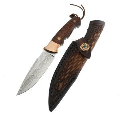 China Damascus Wood Knives Non-variable Steel Blade Handle High Quality Camping Hunting Knife With Sheath for sale