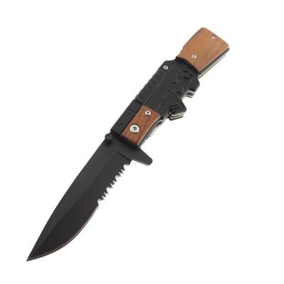 China Products Non-variable Hot Half Serrated Blade Wood Handle Survival Folding Outdoor Utility Knife for sale