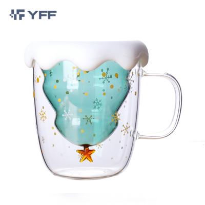 China Sustainable Christmas Mug With Design Handle 300ml Double Wall Stylish Mug Coffee Glass Mug for sale