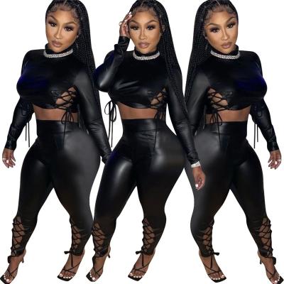 China Women Breathable Winter DM-Drop Sexy Leather Two Piece Pants 2 Sets Clothes Trousers Ladies Main Crop 2 Piece Sets PU Leather Pants Gaiters for sale