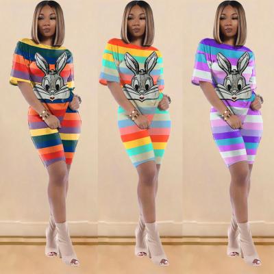 China New Arrival MD-20022541 Spring Summer QUICK DRY Two Piece Set Ladies Short Sleeve Printed Striped Women Panties Sets Clothing 2 Piece Set for sale