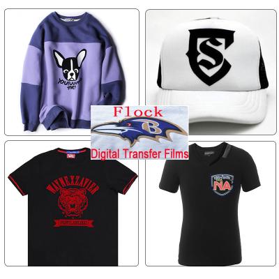 China Custom Flock DTF Clothes Design 3d Logo Digital Transfer Film Heat Press T-shirt HTV Stickers for sale