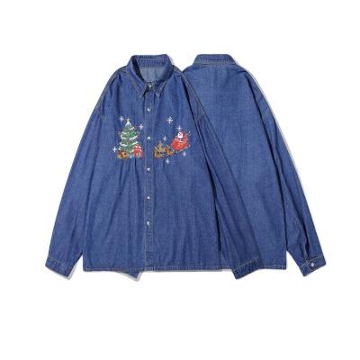 China High Quality Anti-pilling OEM Embroidered Christmas Denim Mens Shirt Long Sleeve Denim Shirts for sale