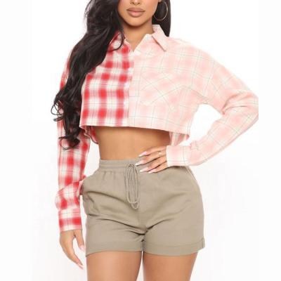 China High Quality Cotton Crop Plaid Women Anti-pilling Long Sleeve Button Front 100% Main Front Contrast Plaid Tops for sale