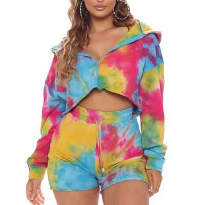 China Custom Anti-wrinkle Tie Dye Crop Zip Jacket High Quality 100% Nylon Women Oversized Crop Hoodie With Raw Edge for sale